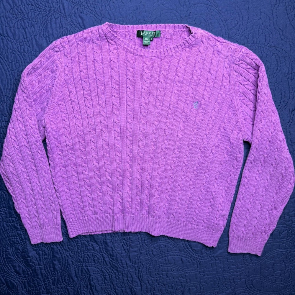 Lauren Ralph Lauren Purple Cable Knit Cotton Sweater Womens XL Crew Neck Preppy